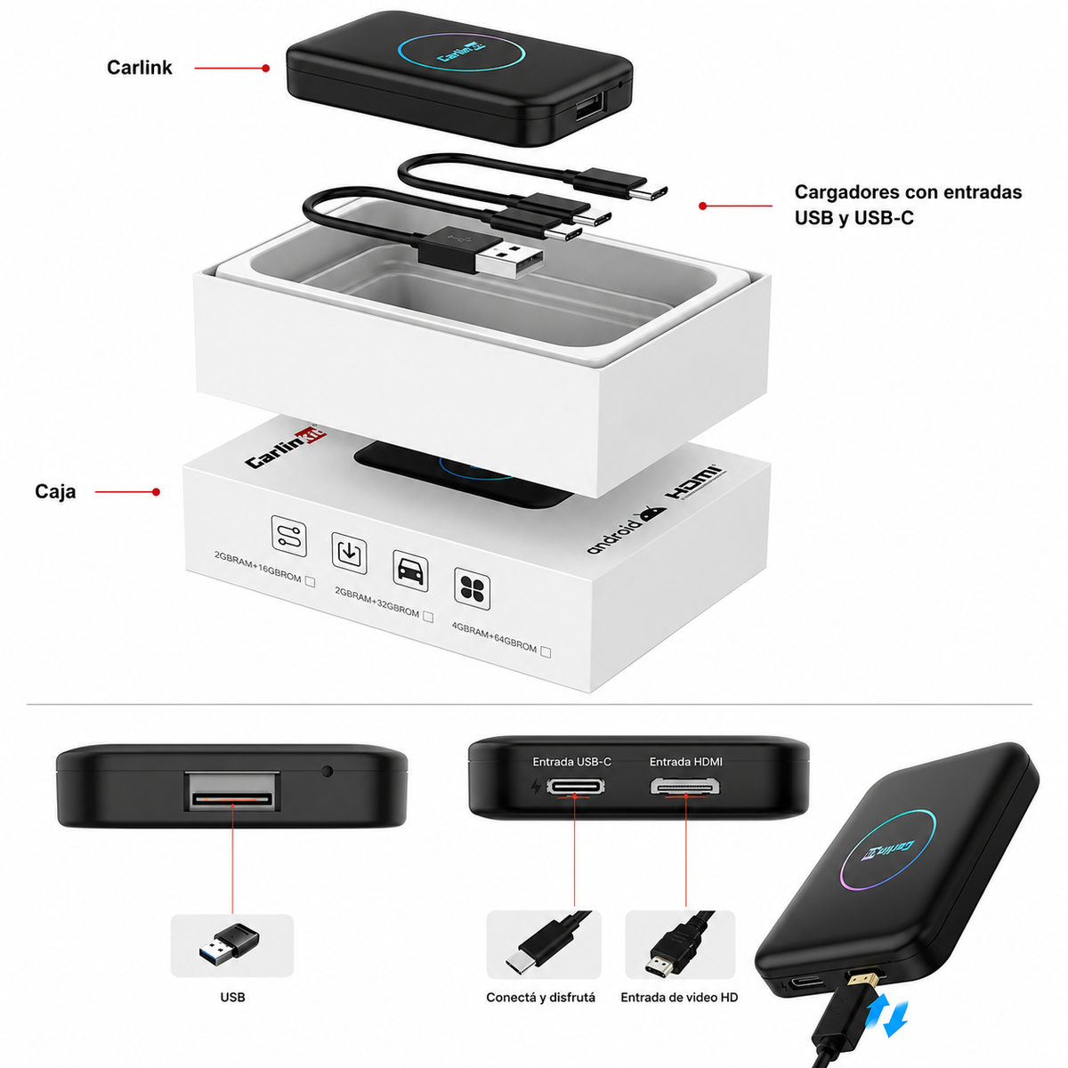 Adaptador CarlinKit 3 en 1 TBox (32GB) | CarPlay & Android Auto Inalámbrico con HDMI